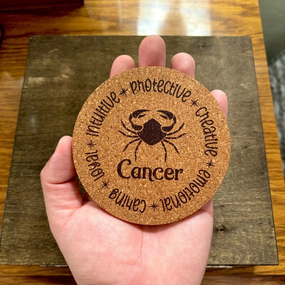 Cancer Zodiac Sign Encircled Laser Engraved Cork Coaster - Picture 3 of 5